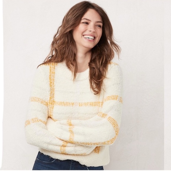 LC Lauren Conrad Cream Yellow Plaid Sherpa Sweater Soft Comfy Fall Neutral Large - Picture 1 of 8